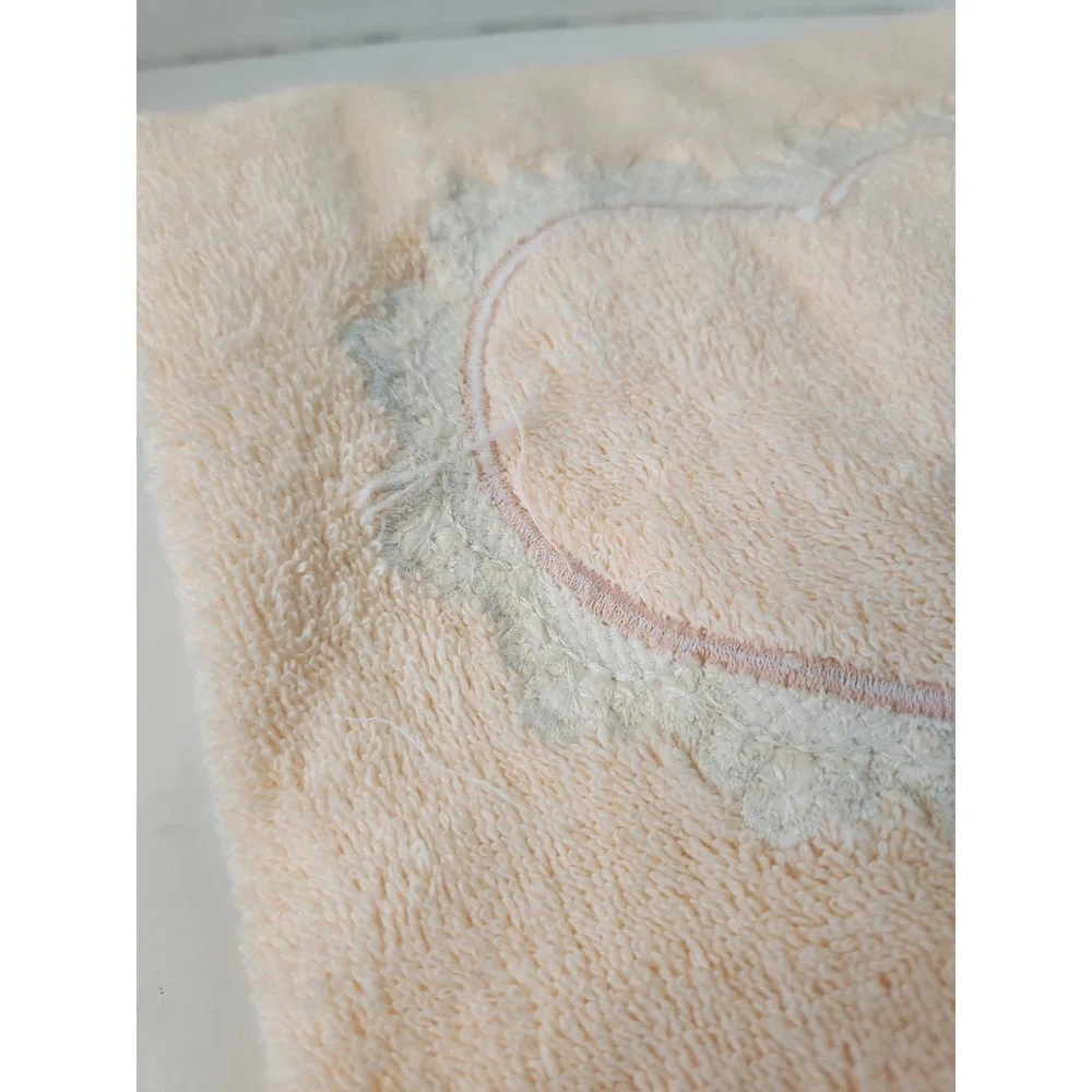 Vtg 1980s Bibb Mills Bath Towel Peach Pink Satin Lace Heart Cottagecore Coquette